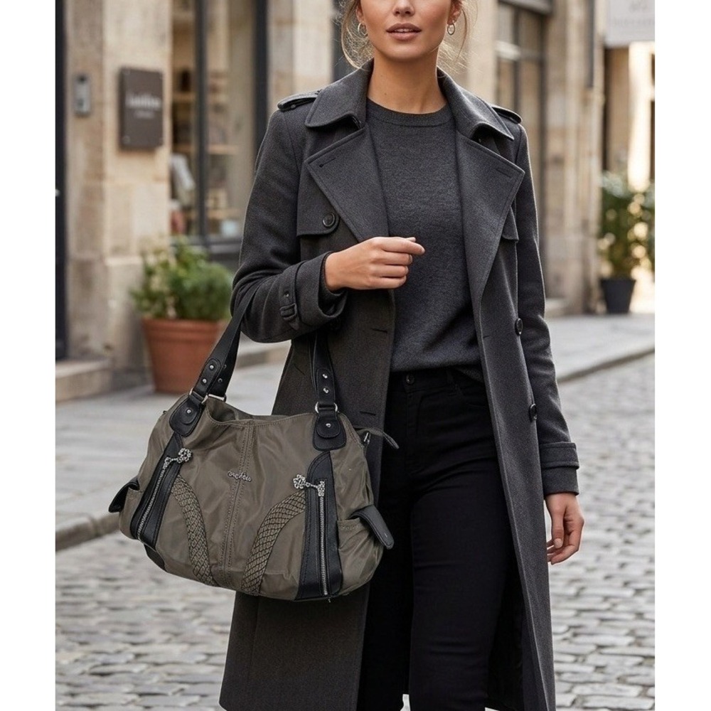 Angel Kiss Tote Bag Satchel Purse Taupe‎ Brown Multi-Pocket Shoulder Handbag